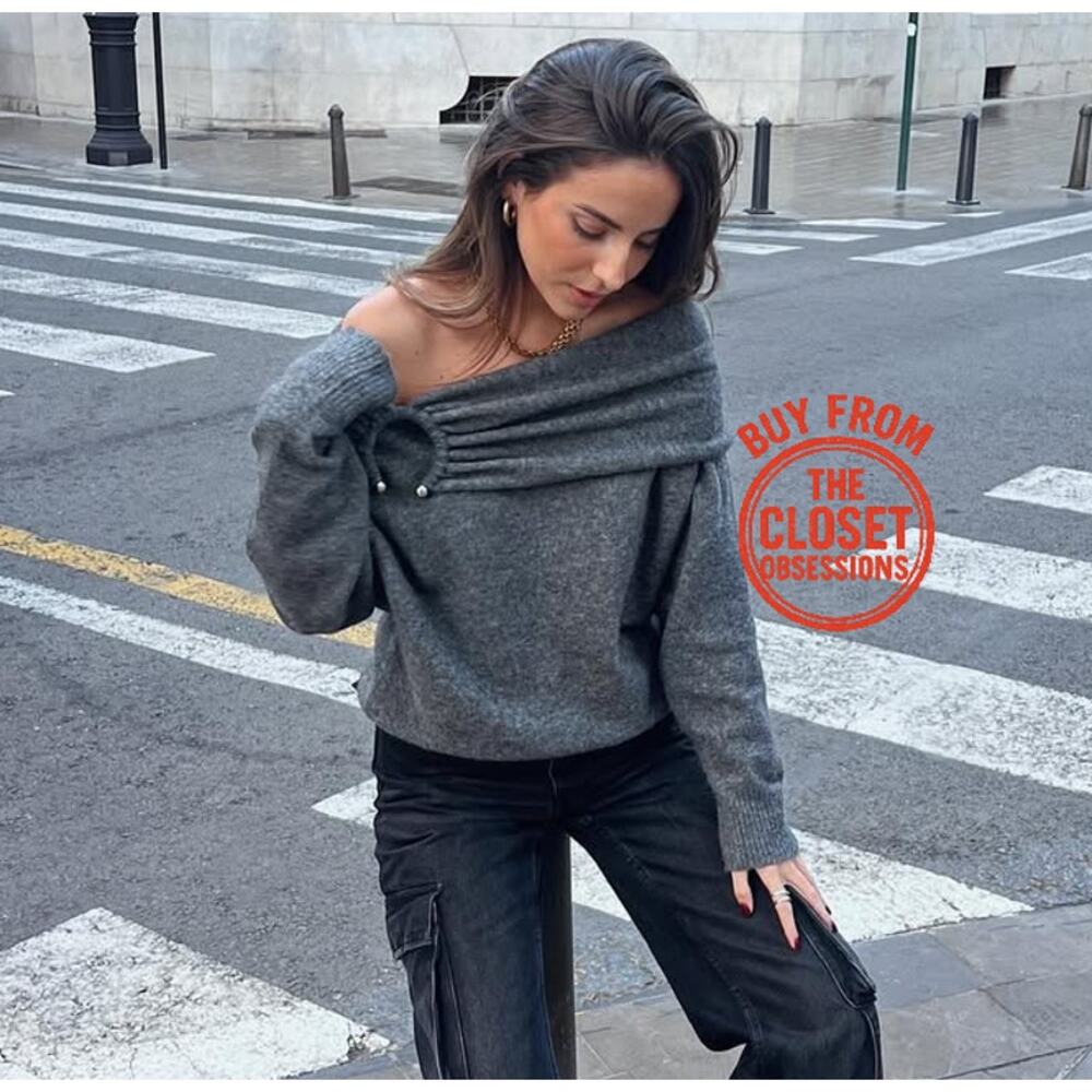 ZARA Bardot Off Shoulder Knit Sweater NWT Gray Foldover Neck Pearl Detail M - Picture 4 of 16